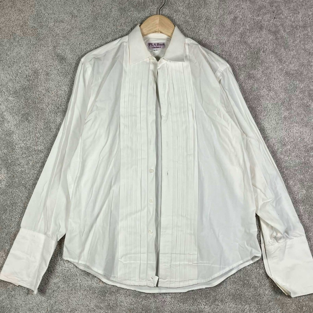 Vintage 70s Jos A Bank Mens White Tuxedo Shirt Pleated Front French Cuff 15.5 33
